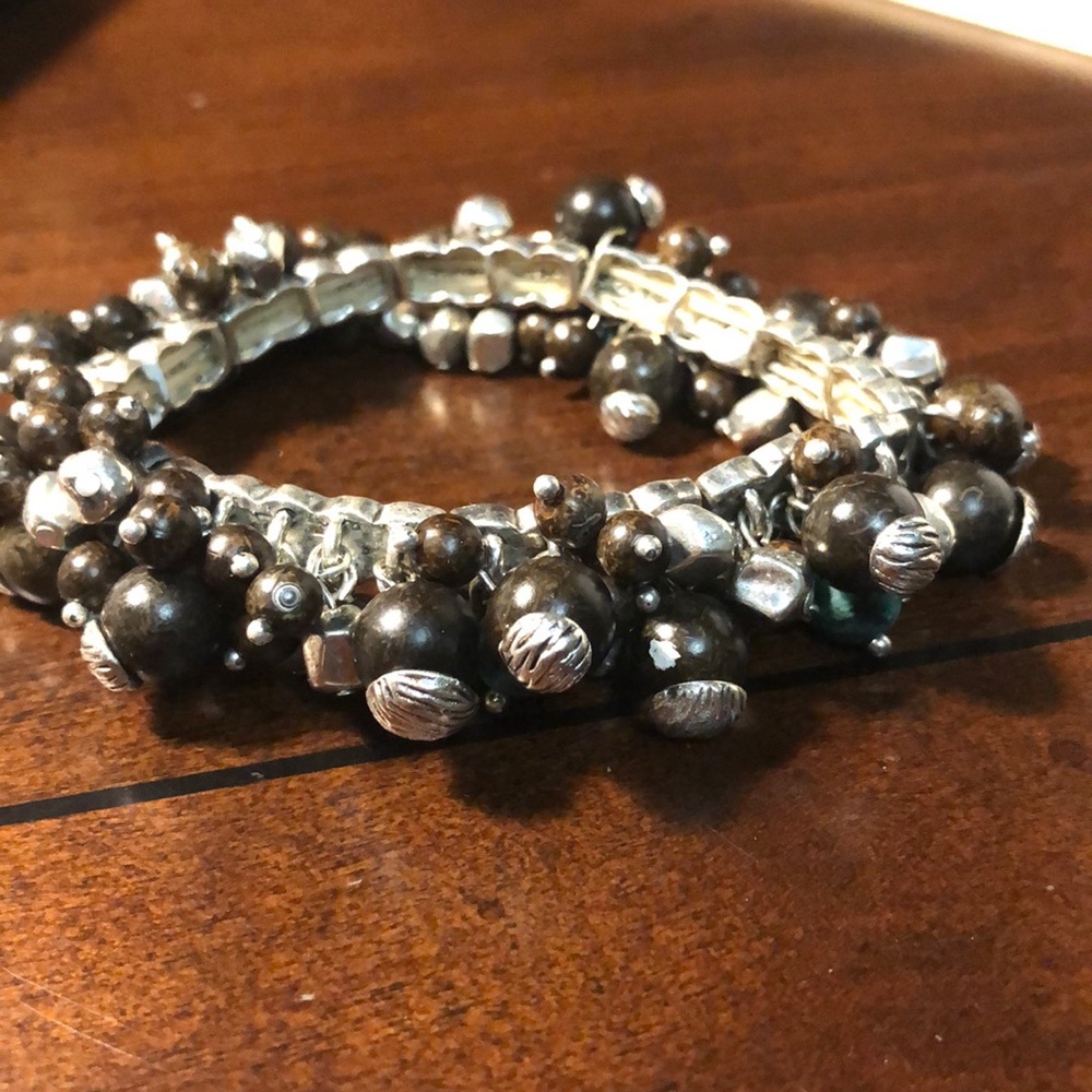 Beaded Silver Tone, Brown, Teal, Stretch Bracelet